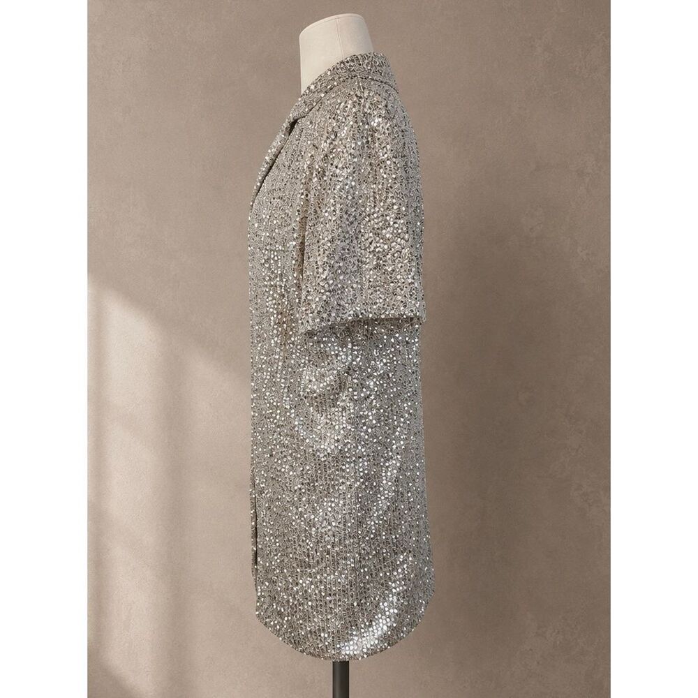 Anthropologie Sunday in Brooklyn Sequin Mini Shirtdress Silver Medium Party - Picture 4 of 8